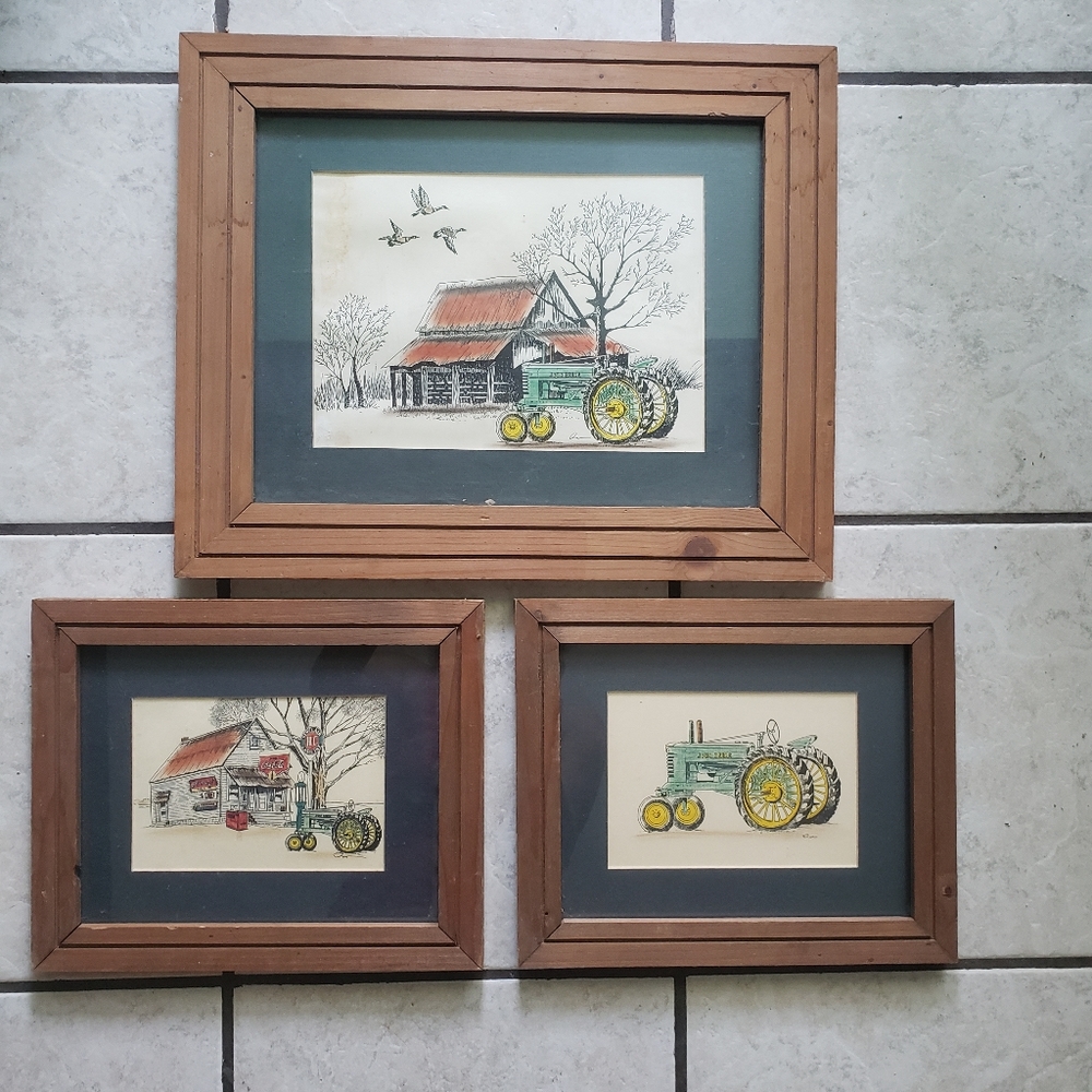 SET of 3 - FRAMED Vintage John Deere Prints - 1ea - 17" x 14" & 2 - 11.5" x 9.5"